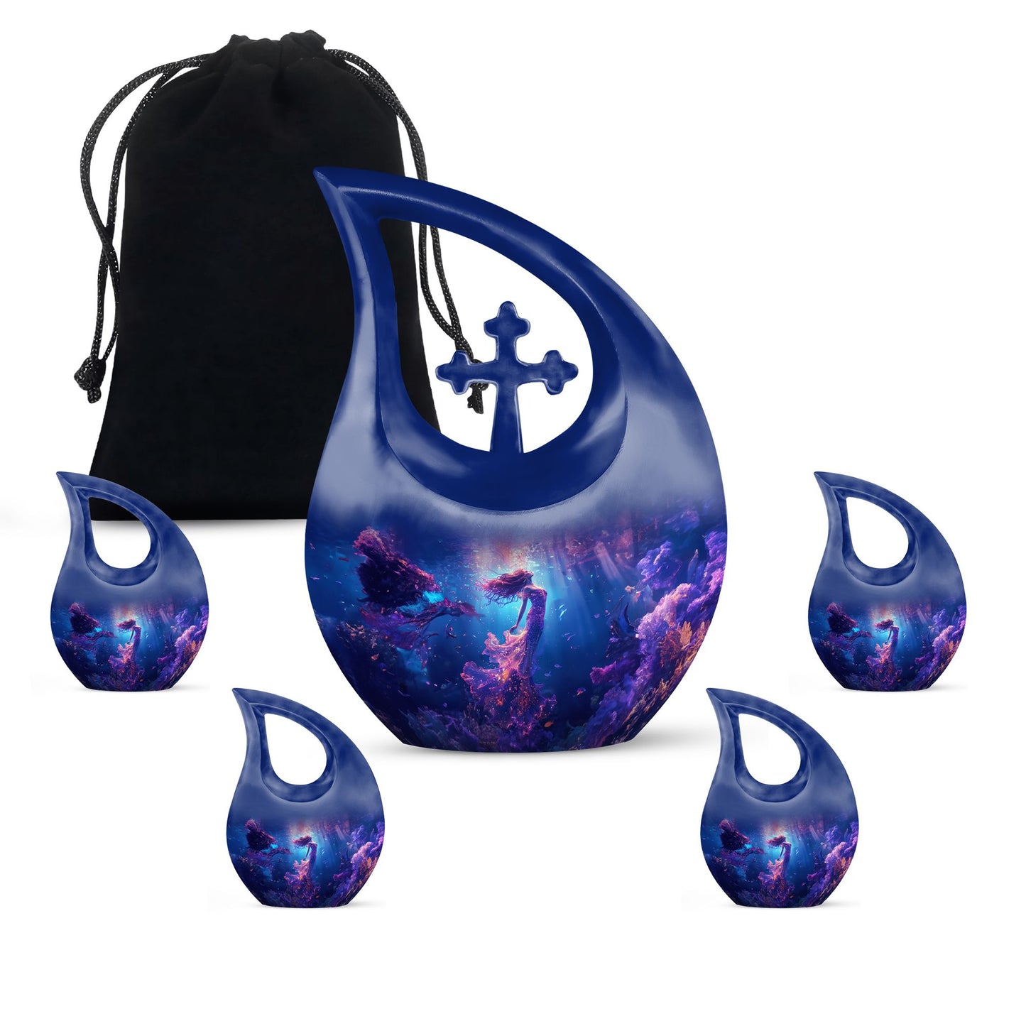 Mermaid Theme Large Urn With 4 Keepsake Urn
