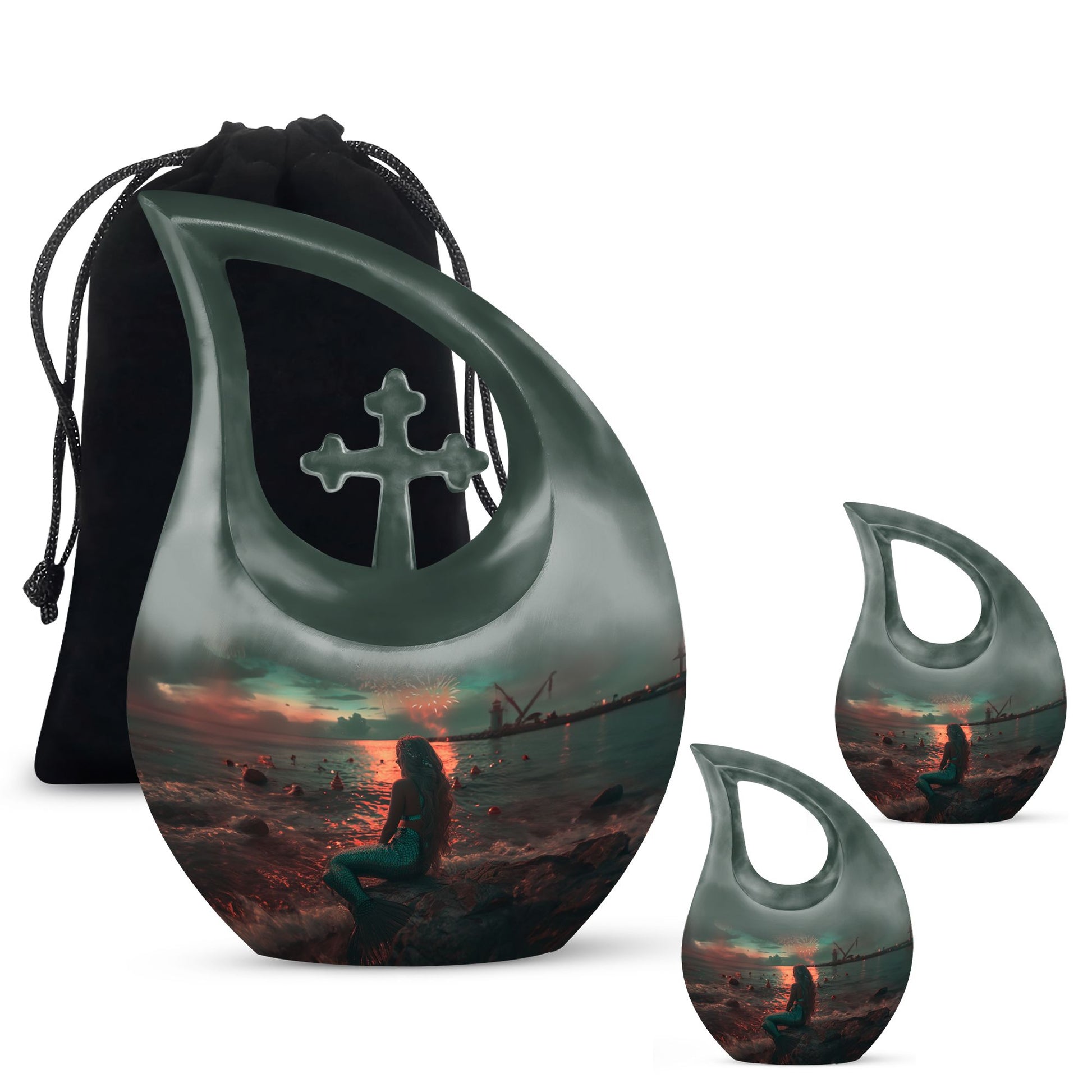 Mermaid Theme Large Urn With 2 Keepsake Urn