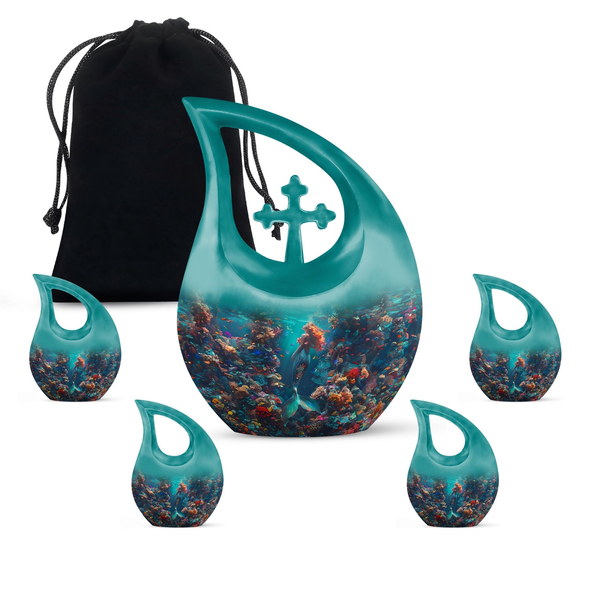 Mermaid Theme Large Urn With 4 Keepsake Urn