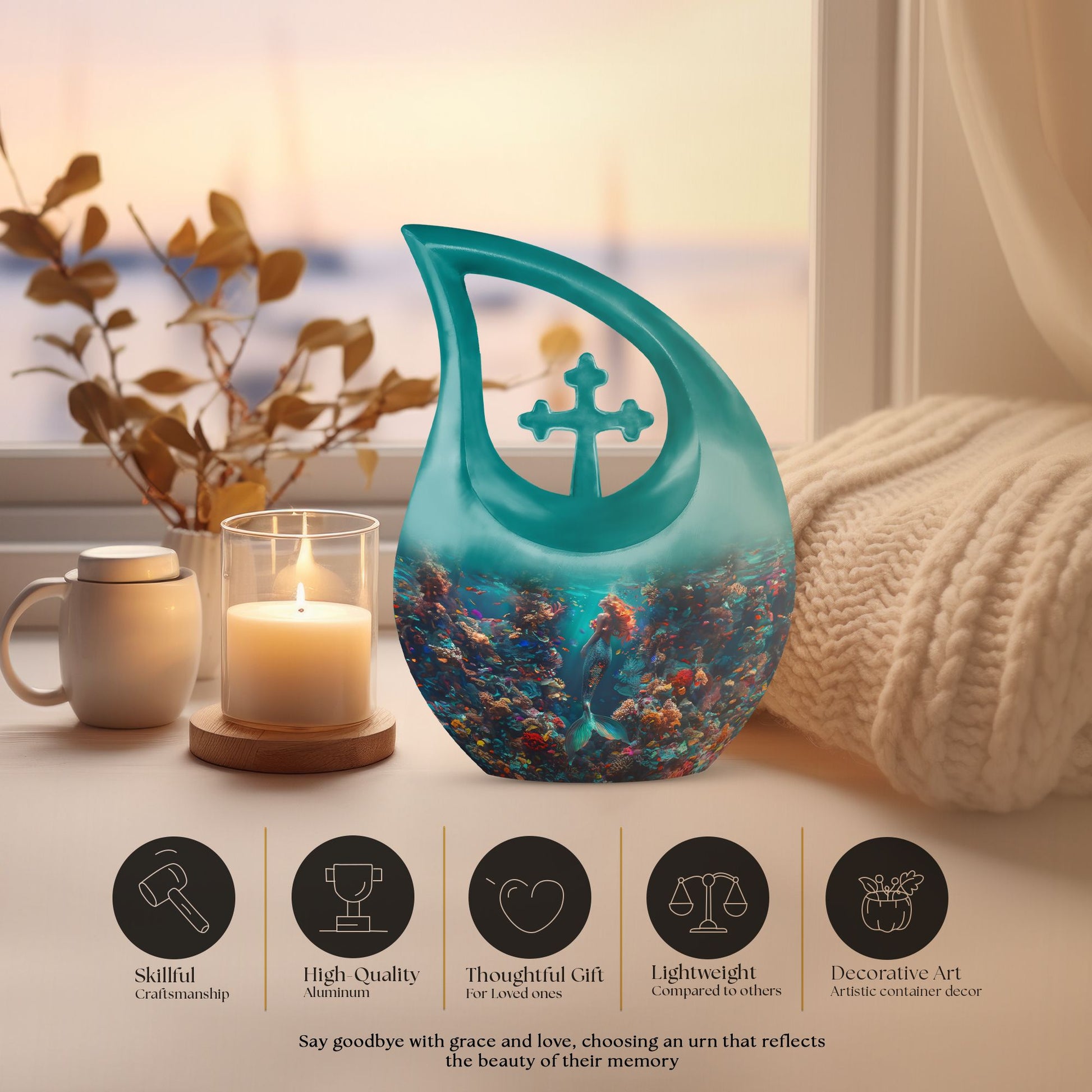 10-inch Mermaid themed Cross Drop Urn