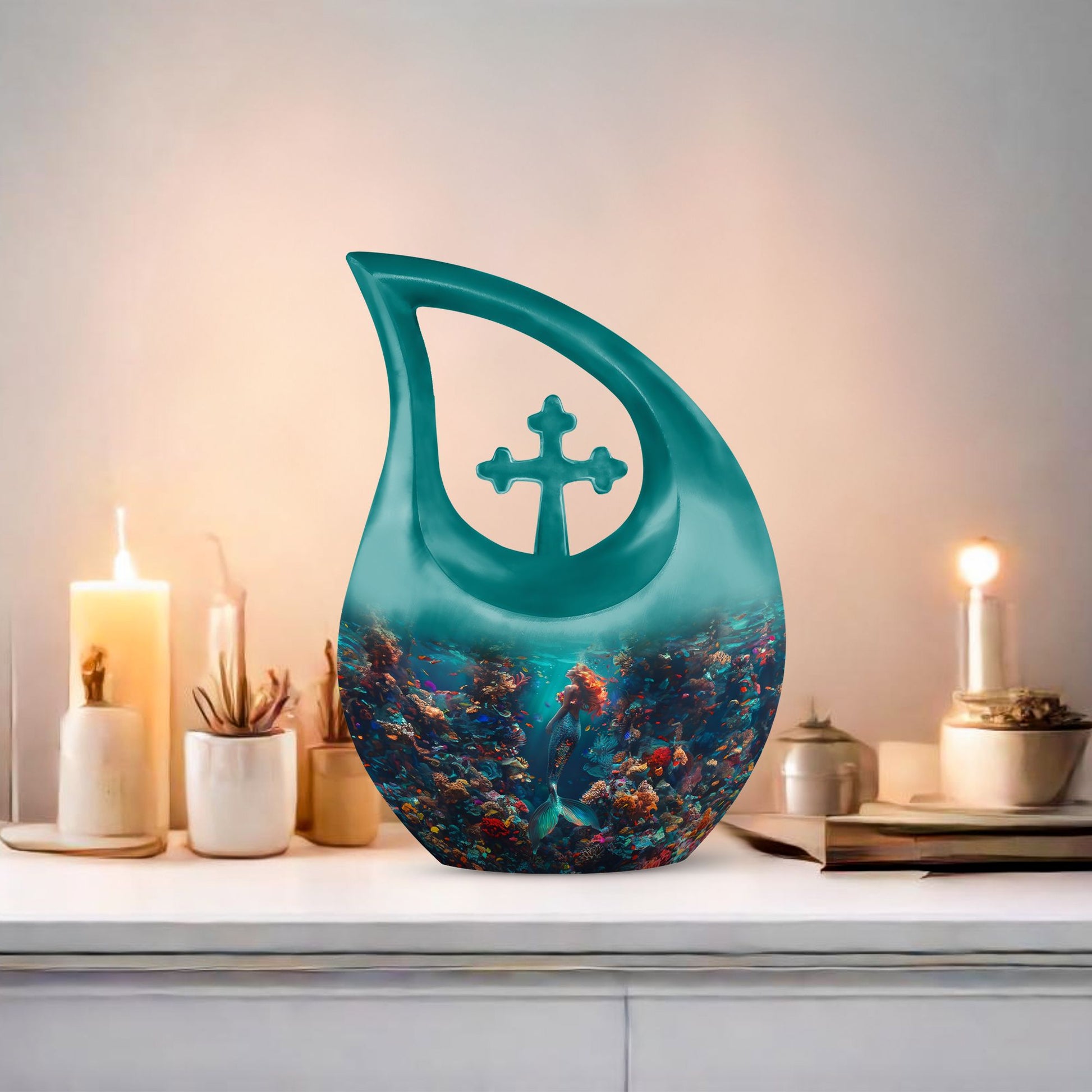 10-inch Mermaid themed Cross Drop Urn