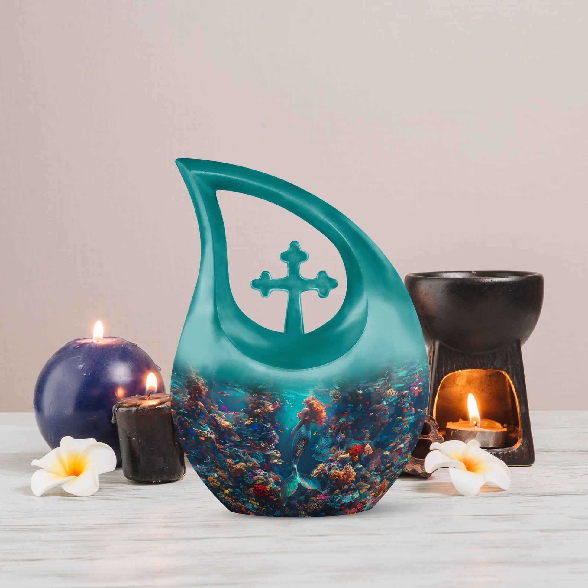 10-inch Mermaid themed Cross Drop Urn