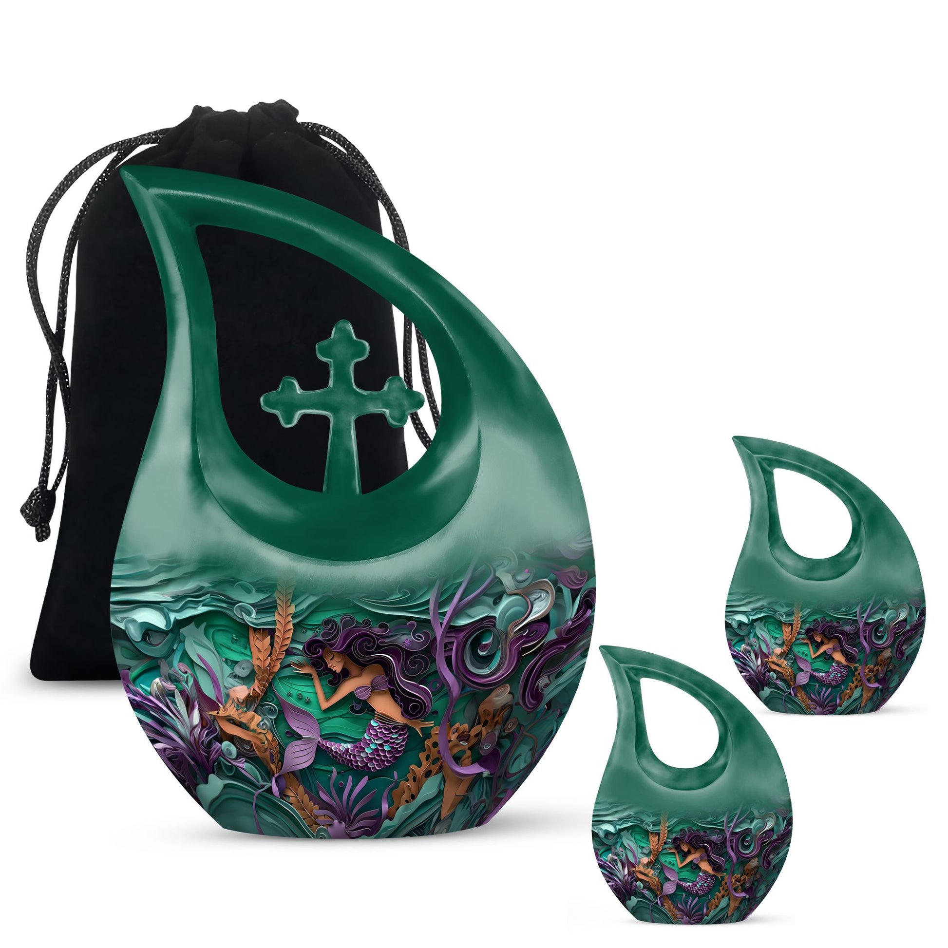 Mermaid Theme Large Urn With 2 Keepsake Urn