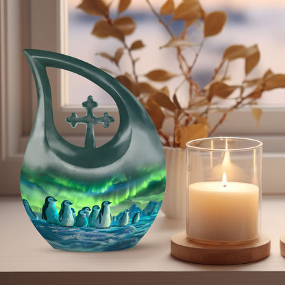 10 Inch Penguin Themed Cross Drop Beautiful Urn