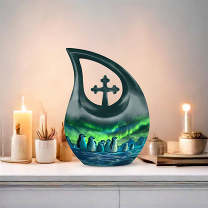 10 Inch Penguin Themed Cross Drop Beautiful Urn