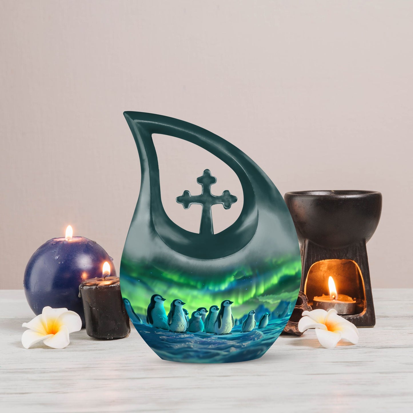 10 Inch Penguin Themed Cross Drop Beautiful Urn