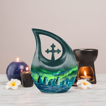10 Inch Penguin Themed Cross Drop Beautiful Urn