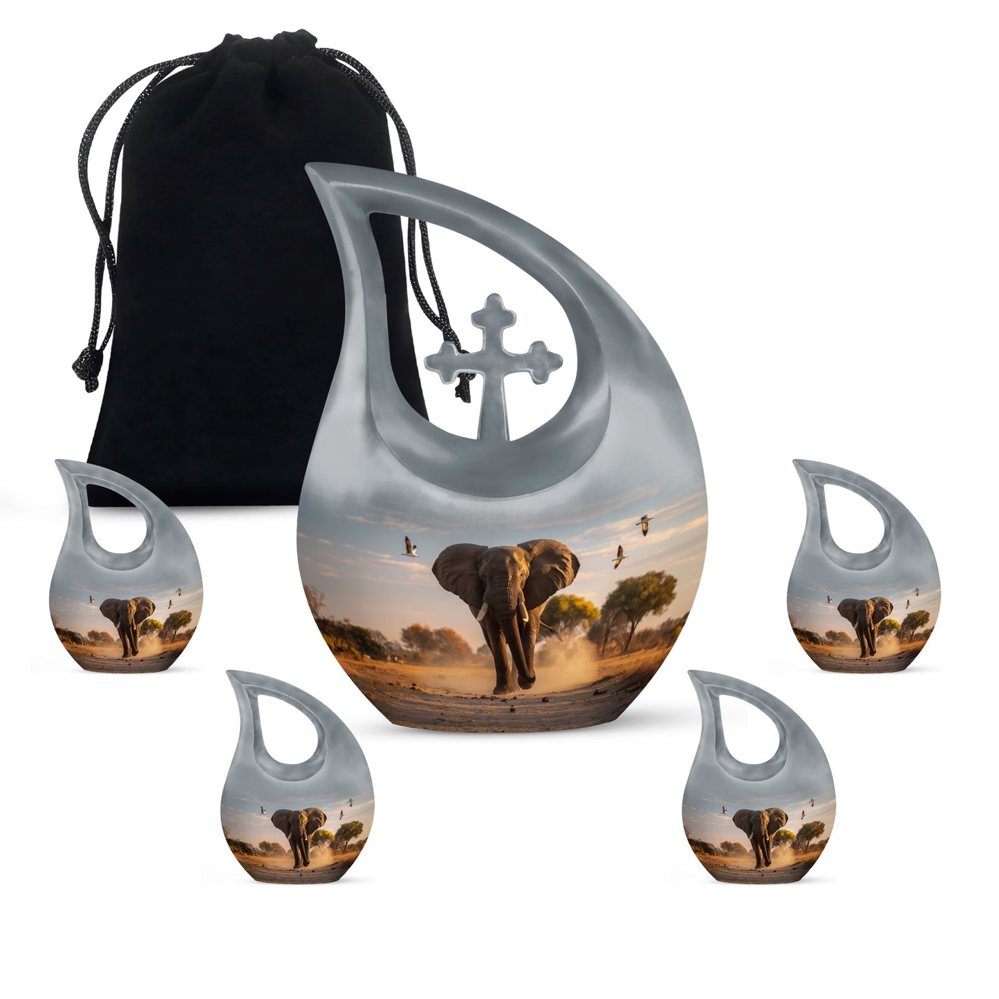 Elephant Theme Large Urn With 4 Keepsake Urn