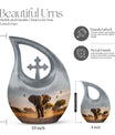 Elephant themed 10-inch Aluminum Cross Drop Urn for Dad's ashes