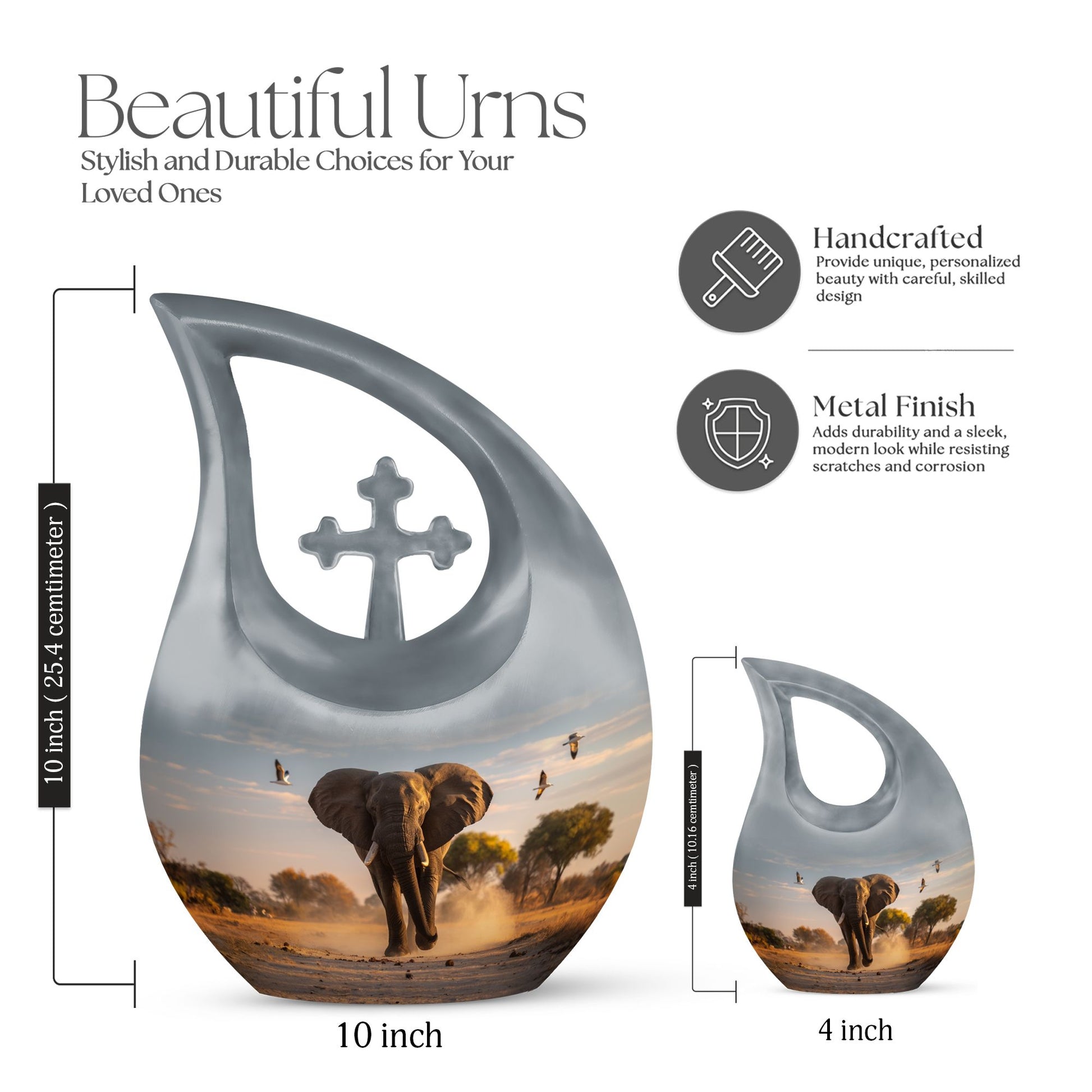 Elephant themed 10-inch Aluminum Cross Drop Urn for Dad's ashes