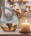 Elephant themed 10-inch Aluminum Cross Drop Urn for Dad's ashes