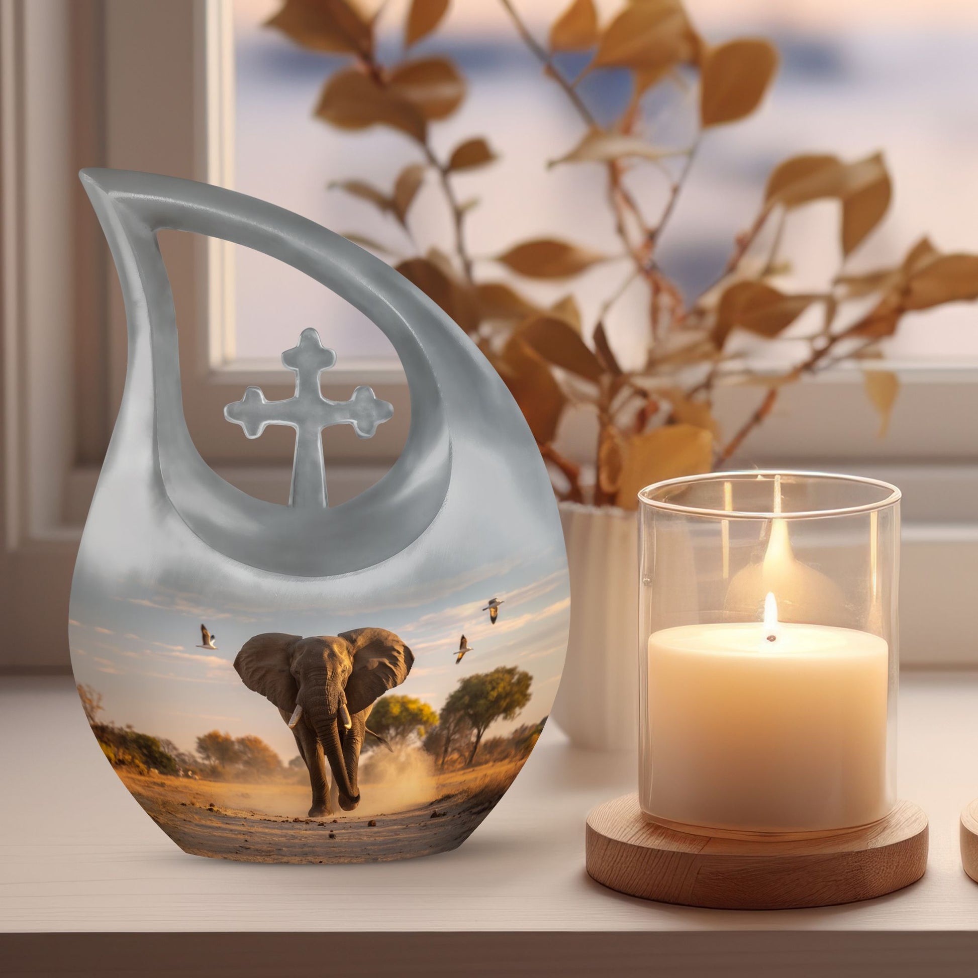 Elephant themed 10-inch Aluminum Cross Drop Urn for Dad's ashes