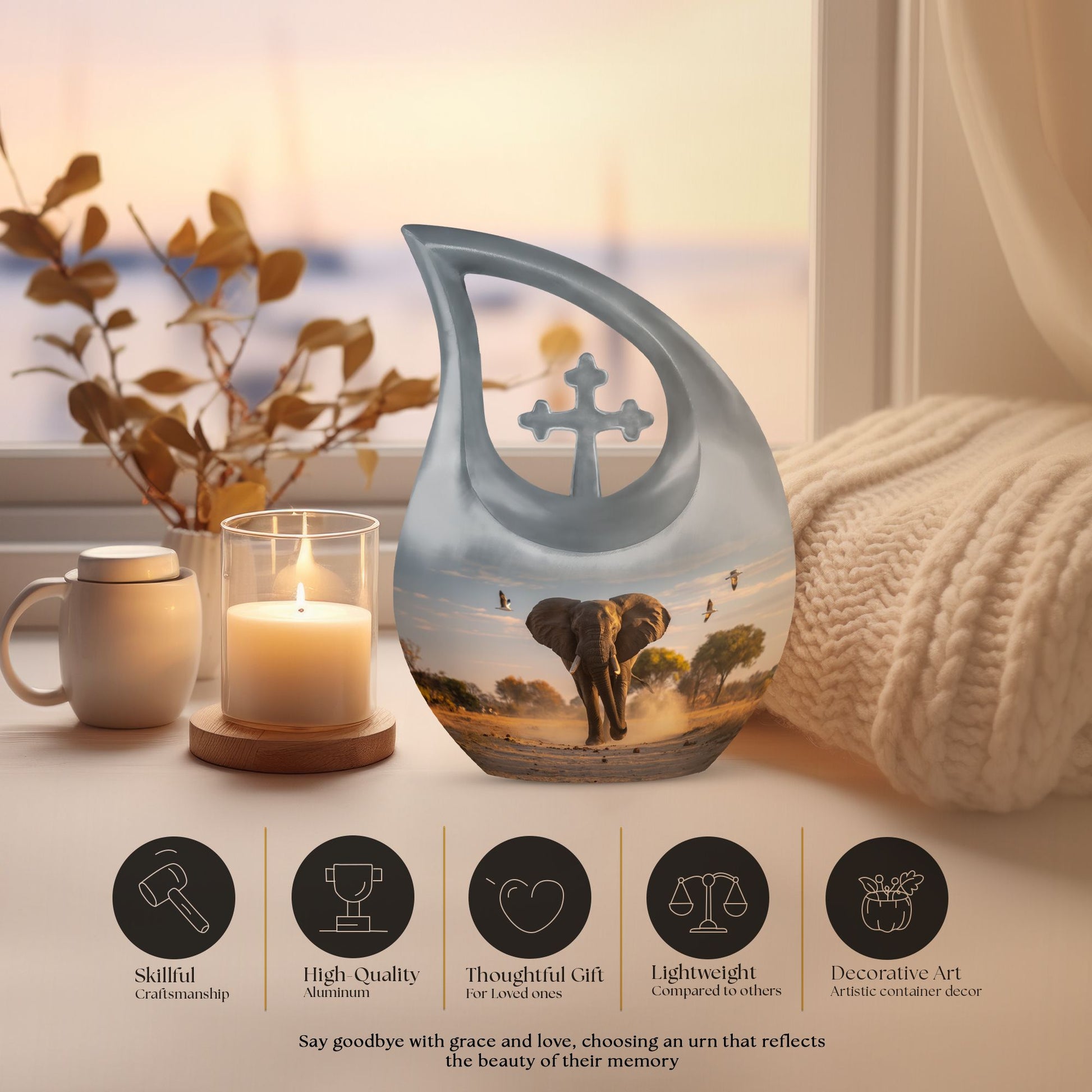 Elephant themed 10-inch Aluminum Cross Drop Urn for Dad's ashes