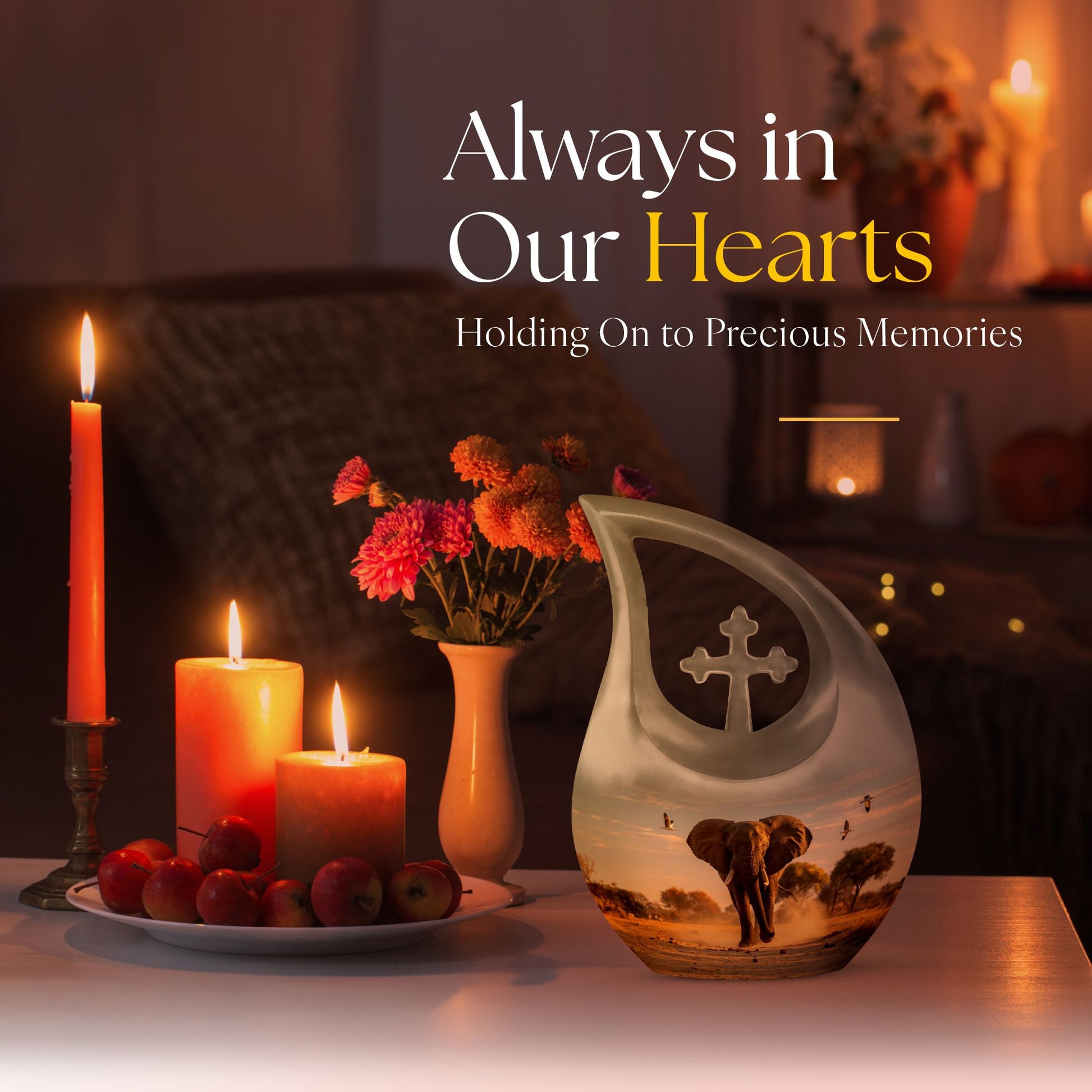 Elephant themed 10-inch Aluminum Cross Drop Urn for Dad's ashes