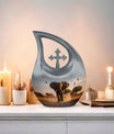 Elephant themed 10-inch Aluminum Cross Drop Urn for Dad's ashes