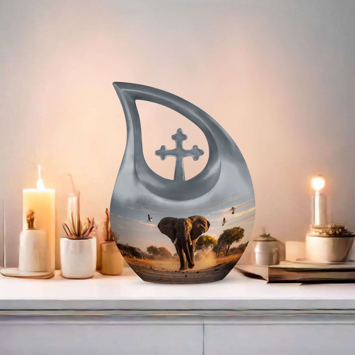 Elephant themed 10-inch Aluminum Cross Drop Urn for Dad's ashes