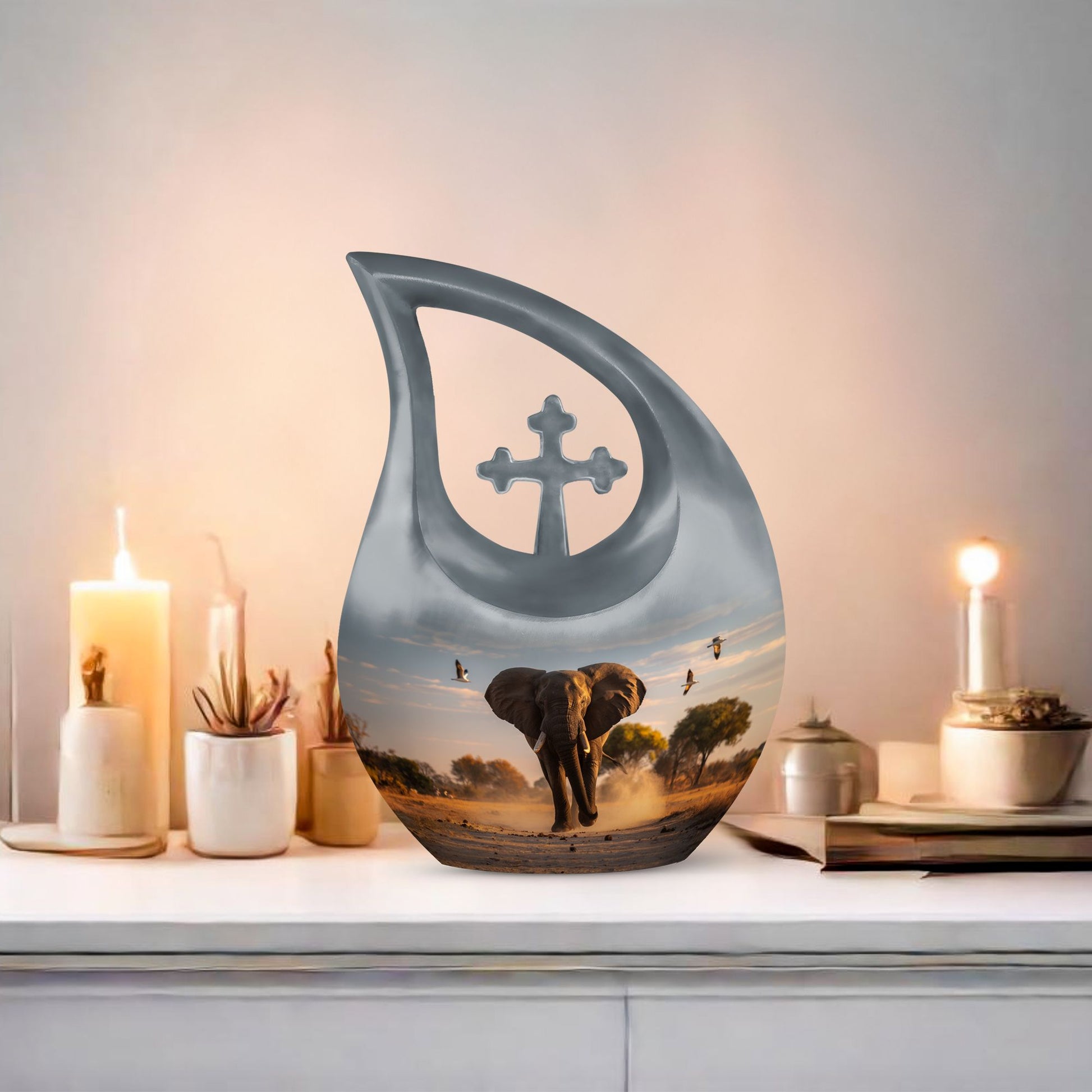 Elephant themed 10-inch Aluminum Cross Drop Urn for Dad's ashes