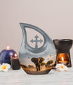 Elephant themed 10-inch Aluminum Cross Drop Urn for Dad's ashes