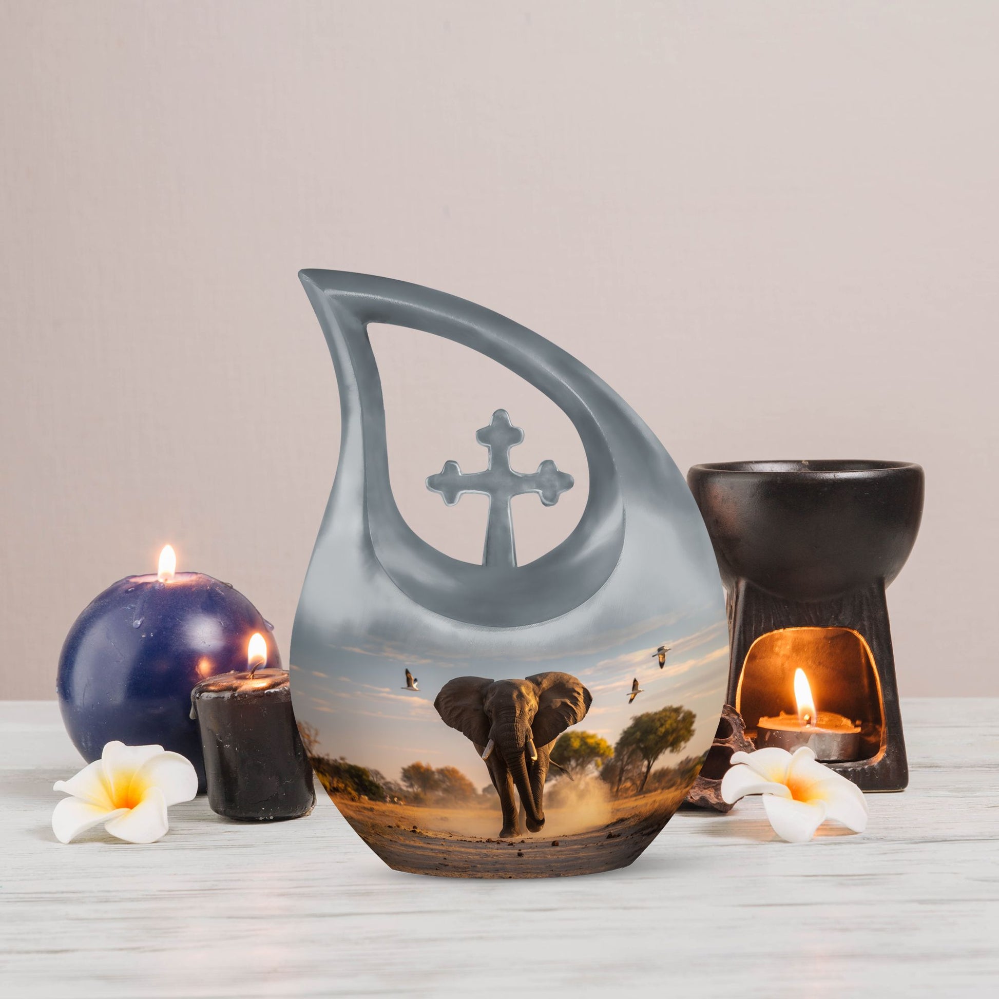 Elephant themed 10-inch Aluminum Cross Drop Urn for Dad's ashes