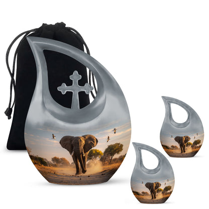 Elephant themed 10-inch Aluminum Cross Drop Urn for Dad's ashes
