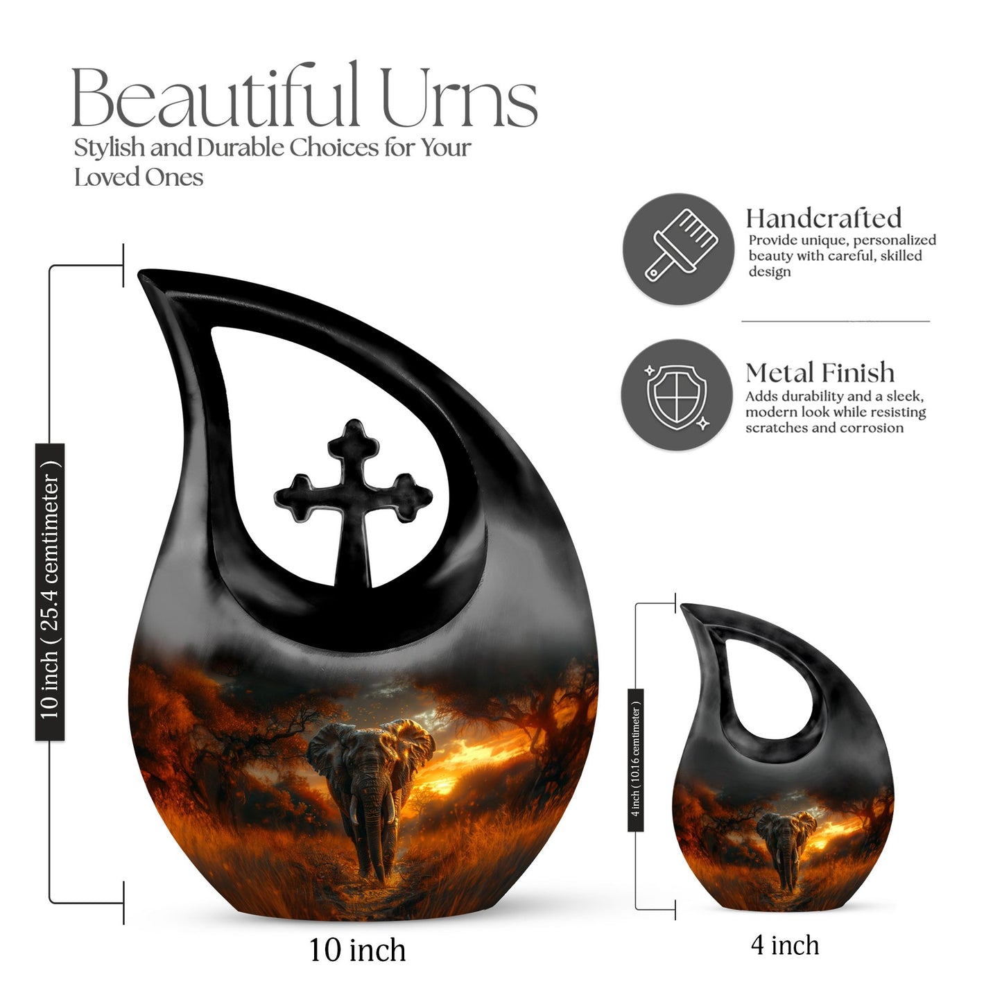 Elephant themed 10-inch Cross Drop design Companion Urn