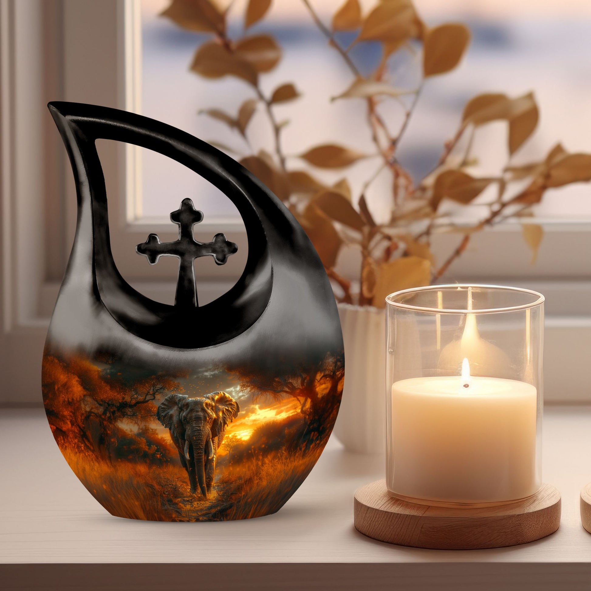 Elephant themed 10-inch Cross Drop design Companion Urn