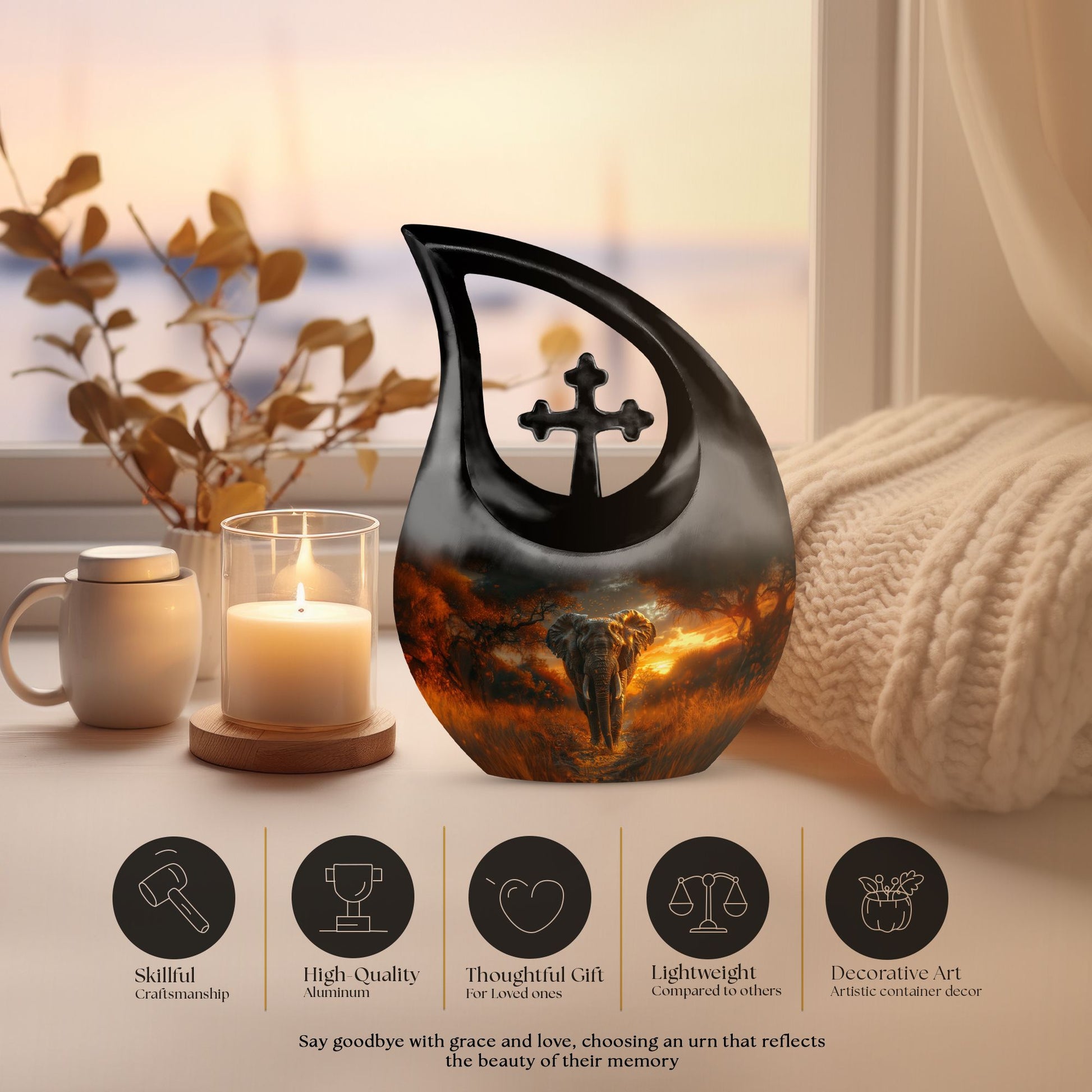 Elephant themed 10-inch Cross Drop design Companion Urn