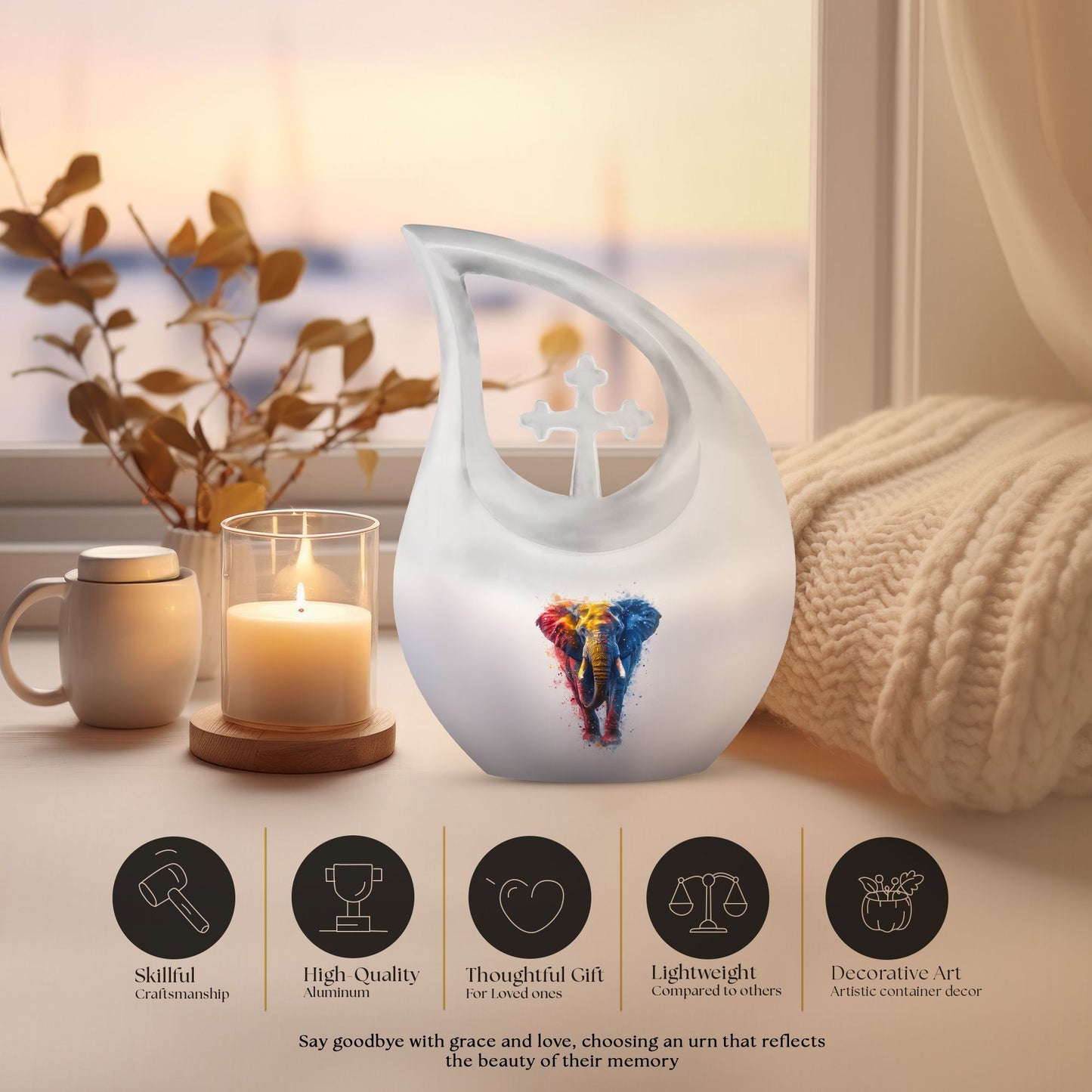 10-inch Elephant themed Cross Drop Aluminium Urn