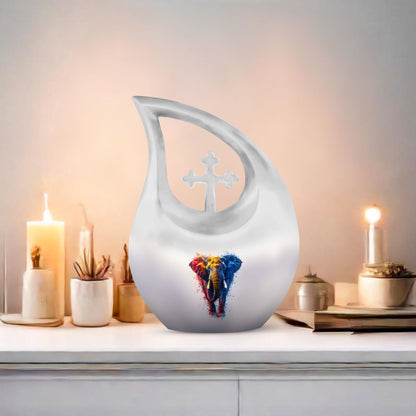 10-inch Elephant themed Cross Drop Aluminium Urn
