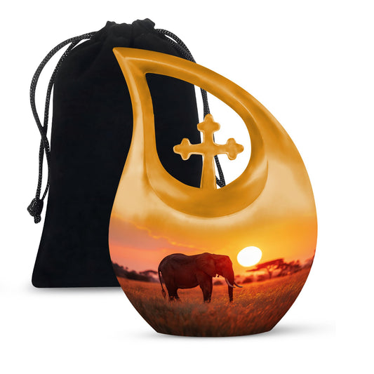 10 Inch Elephant Urn with Cross Drop design, made from Aluminium