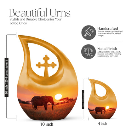10 Inch Elephant Urn with Cross Drop design, made from Aluminium