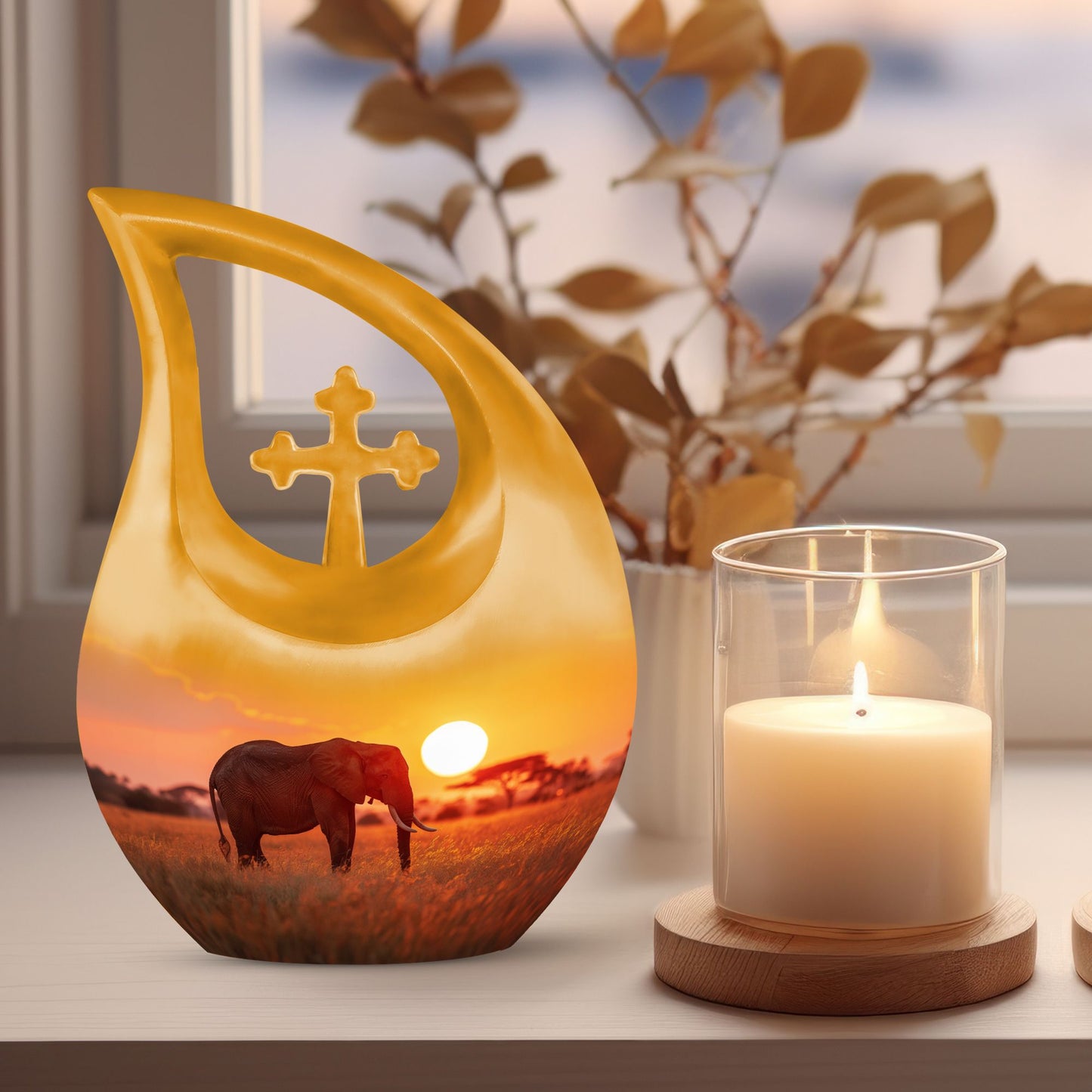 10 Inch Elephant Urn with Cross Drop design, made from Aluminium