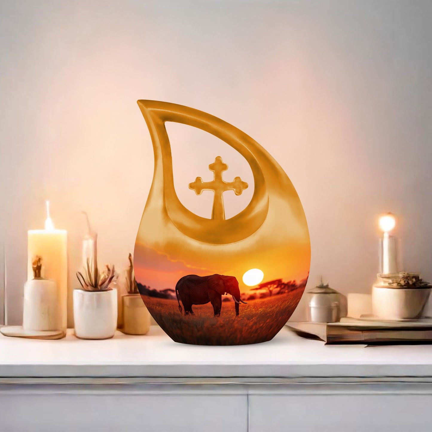 10 Inch Elephant Urn with Cross Drop design, made from Aluminium
