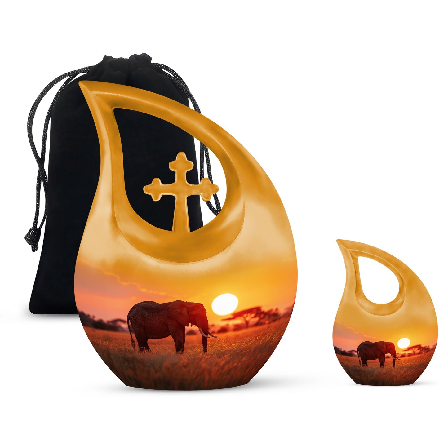 10 Inch Elephant Urn with Cross Drop design, made from Aluminium