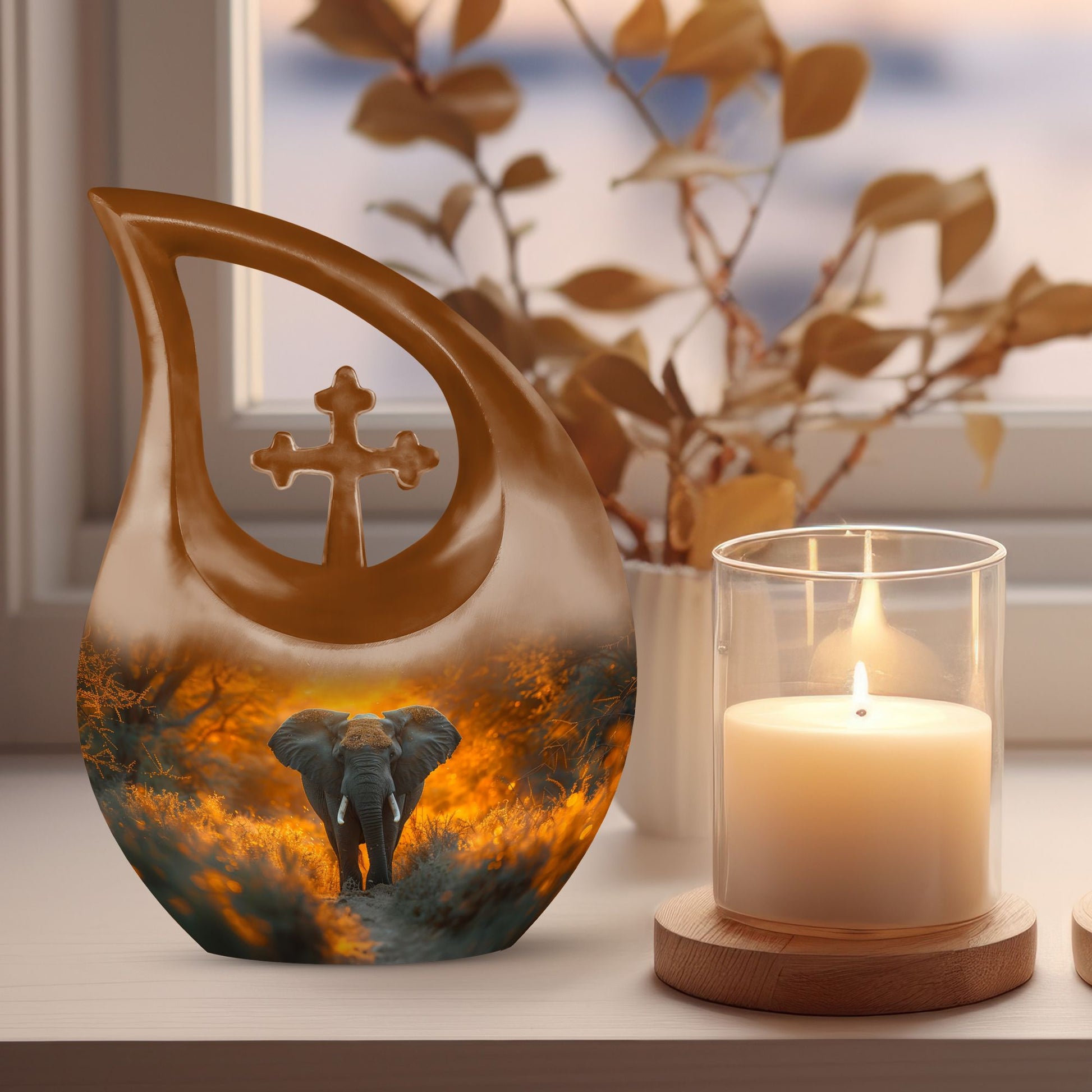 10 inch Elephant-themed Cross Drop Urn, Keepsake for Man's Ashes, Aluminium Made