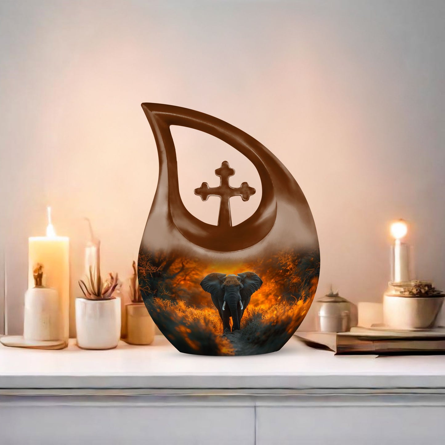 10 inch Elephant-themed Cross Drop Urn, Keepsake for Man's Ashes, Aluminium Made
