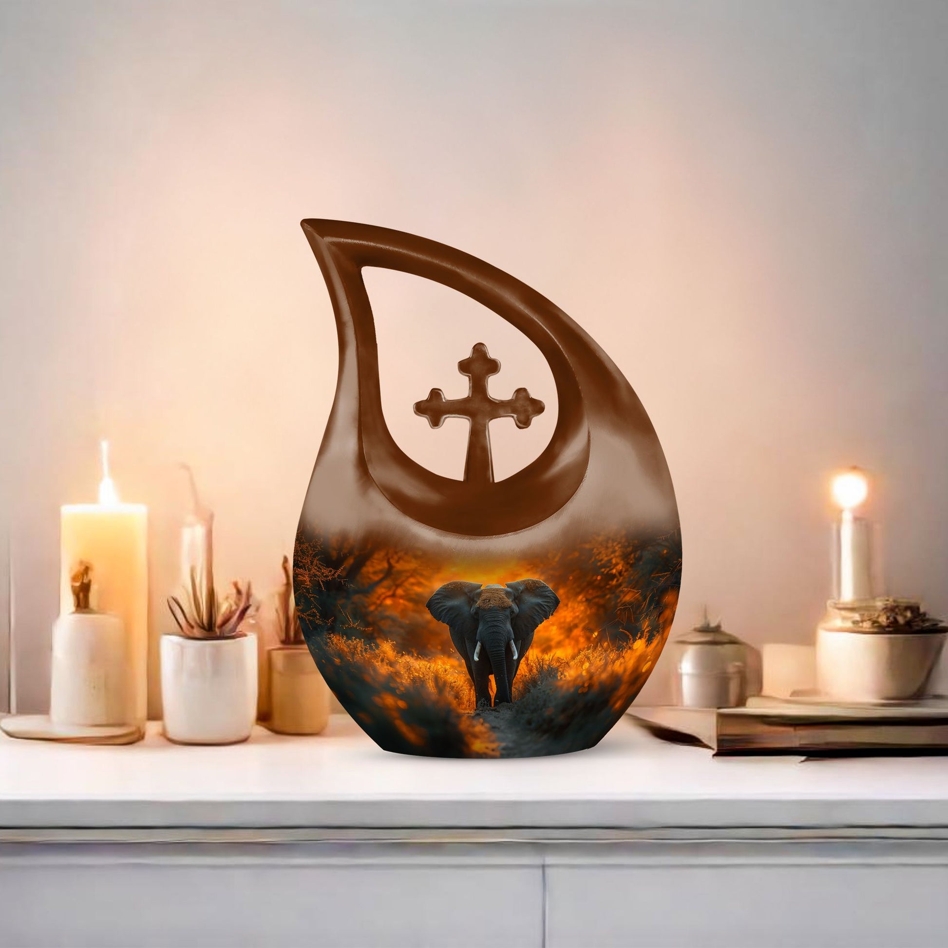 10 inch Elephant-themed Cross Drop Urn, Keepsake for Man's Ashes, Aluminium Made