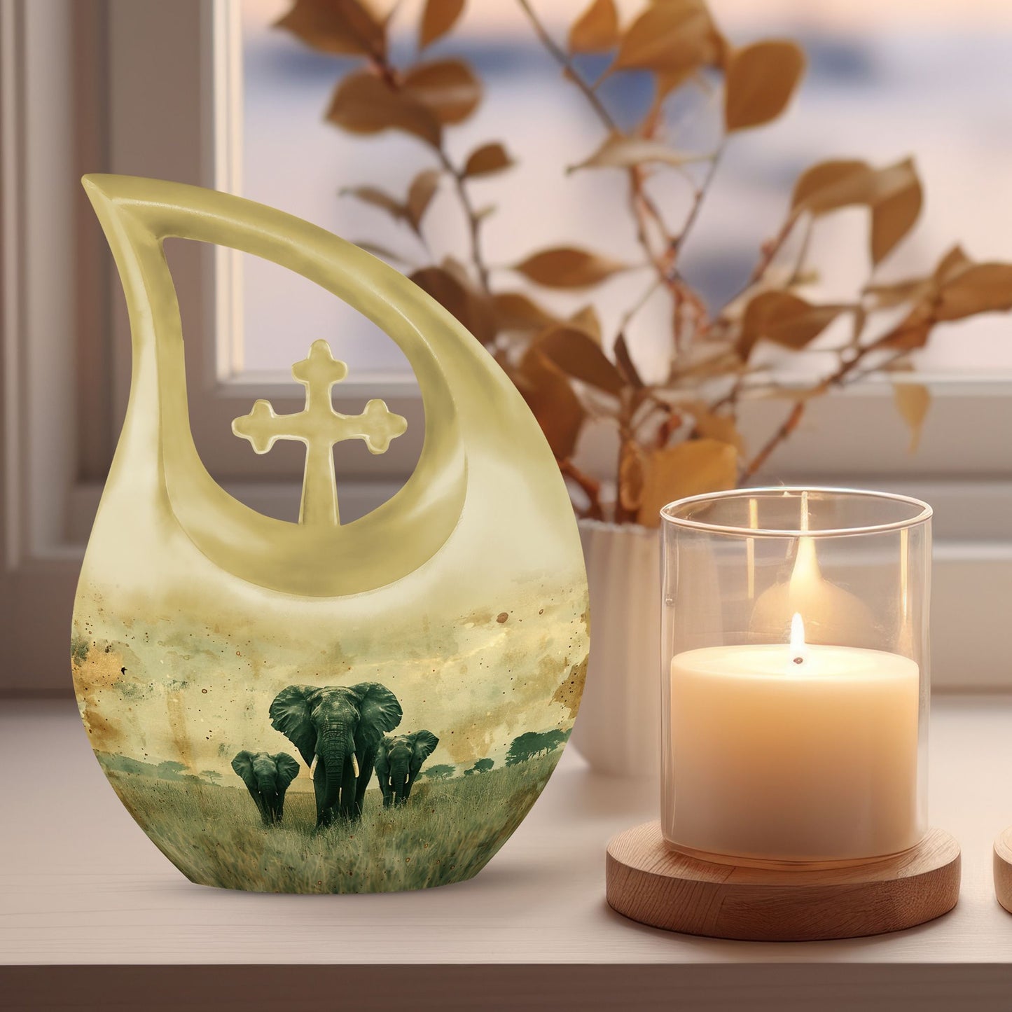 10-inch Elephant Family Cross Drop Urn