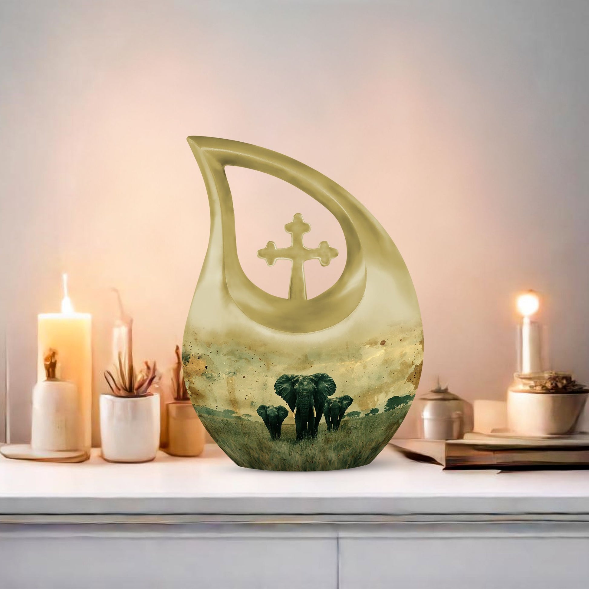 10-inch Elephant Family Cross Drop Urn