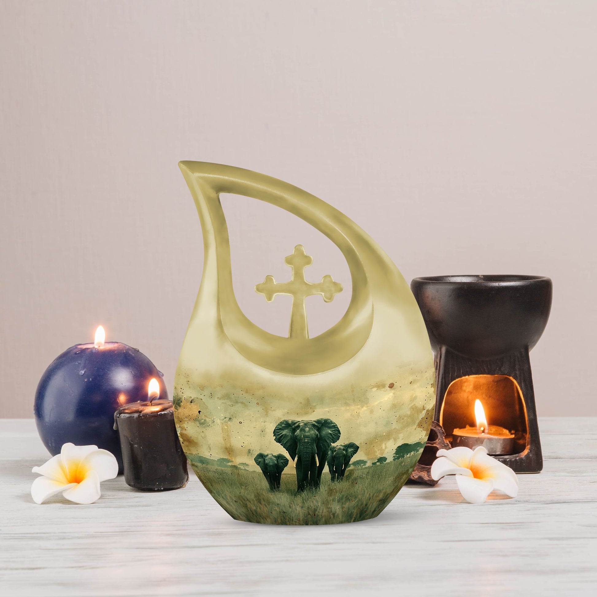 10-inch Elephant Family Cross Drop Urn