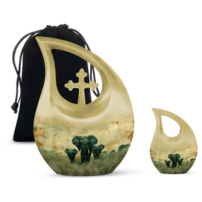 10-inch Elephant Family Cross Drop Urn