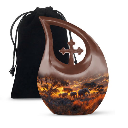 10-Inch Elephant Family Cross Drop Urn