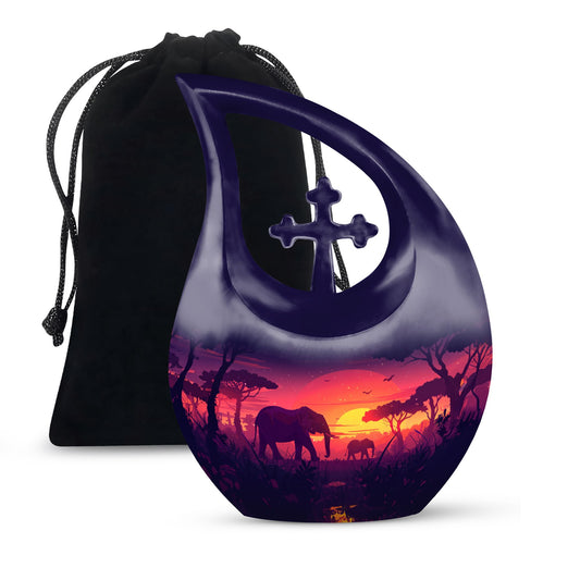 10-inch Elephant Family-themed Aluminum Cross Drop Memorial Urn