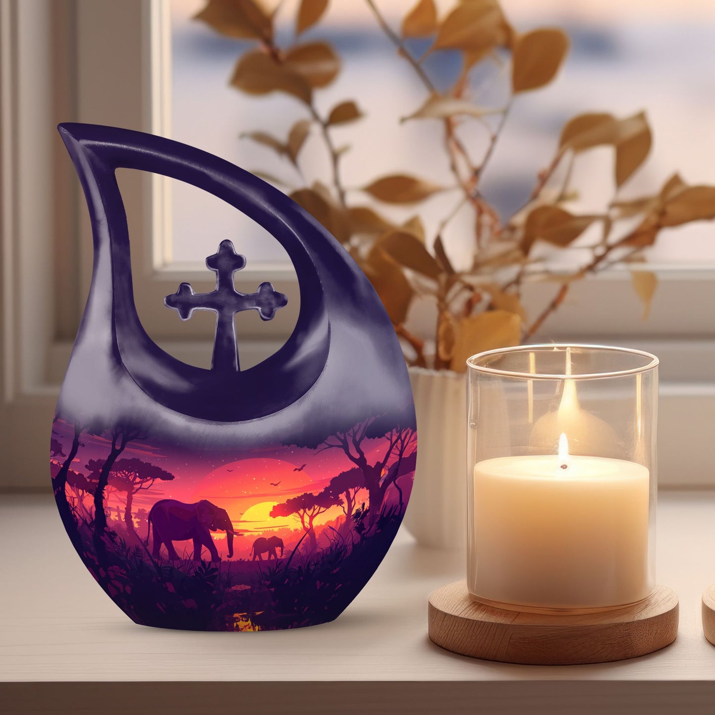 10-inch Elephant Family-themed Aluminum Cross Drop Memorial Urn