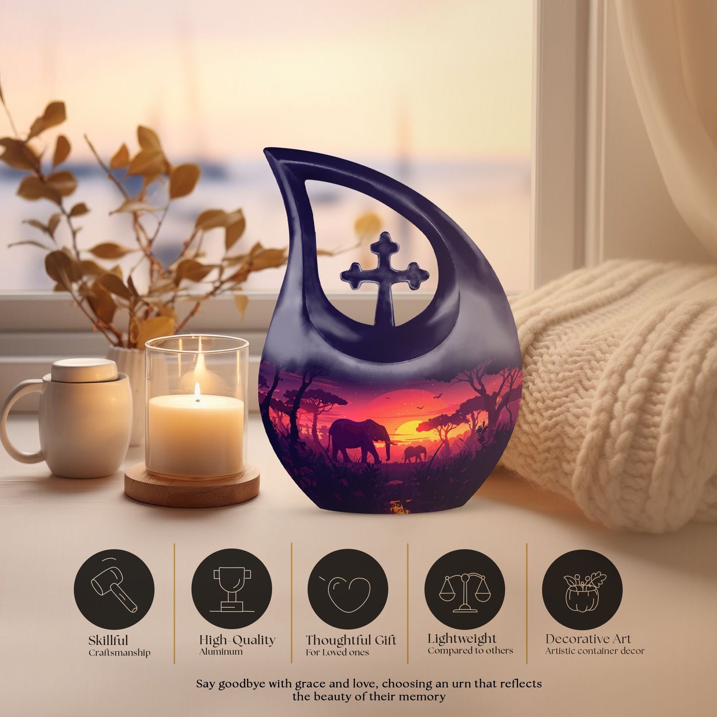 10-inch Elephant Family-themed Aluminum Cross Drop Memorial Urn