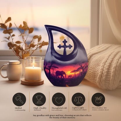 10-inch Elephant Family-themed Aluminum Cross Drop Memorial Urn