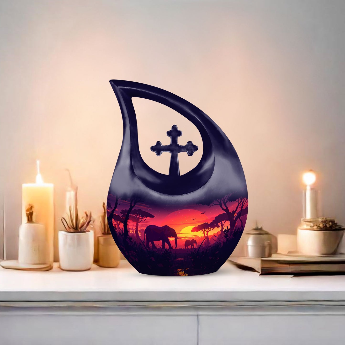 10-inch Elephant Family-themed Aluminum Cross Drop Memorial Urn