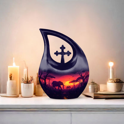 10-inch Elephant Family-themed Aluminum Cross Drop Memorial Urn