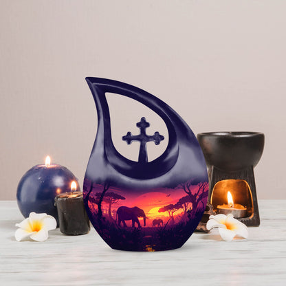 10-inch Elephant Family-themed Aluminum Cross Drop Memorial Urn