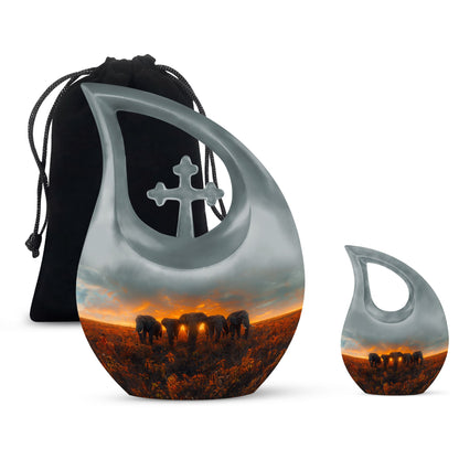 Elephant Family Theme Large Urn With 1 Keepsake Urn